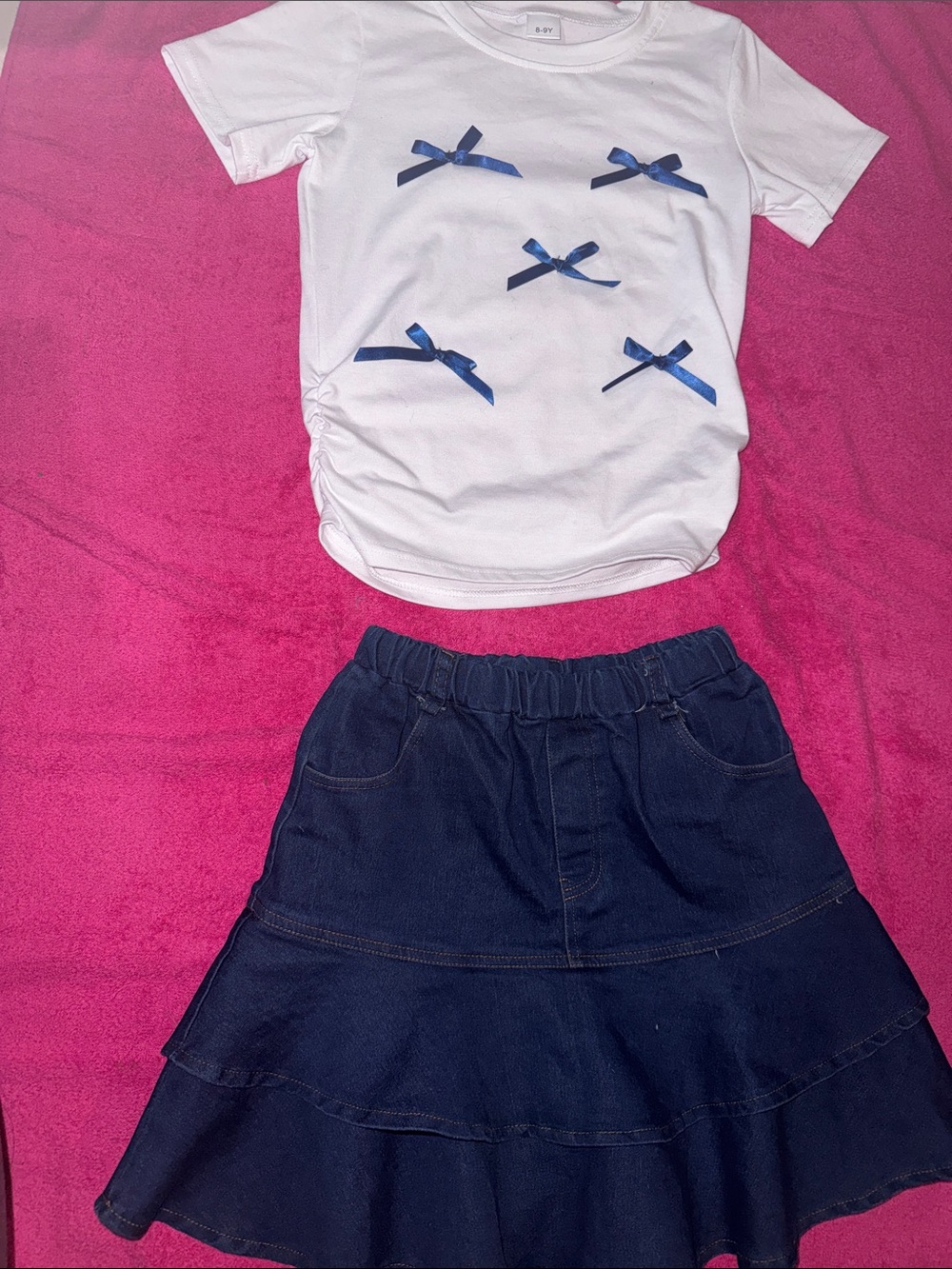 OUTFIT: Girls White Tee with Navy Bows & Tiered Denim Skirt. Two Piece Set